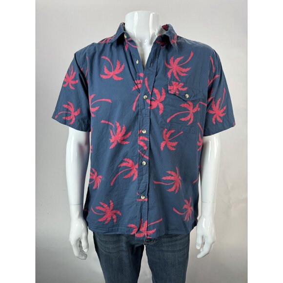 Paradise City Mens Large Hawaiian Shirt Blue & Red Palm Tree Print Short Sleeve - Picture 4 of 16